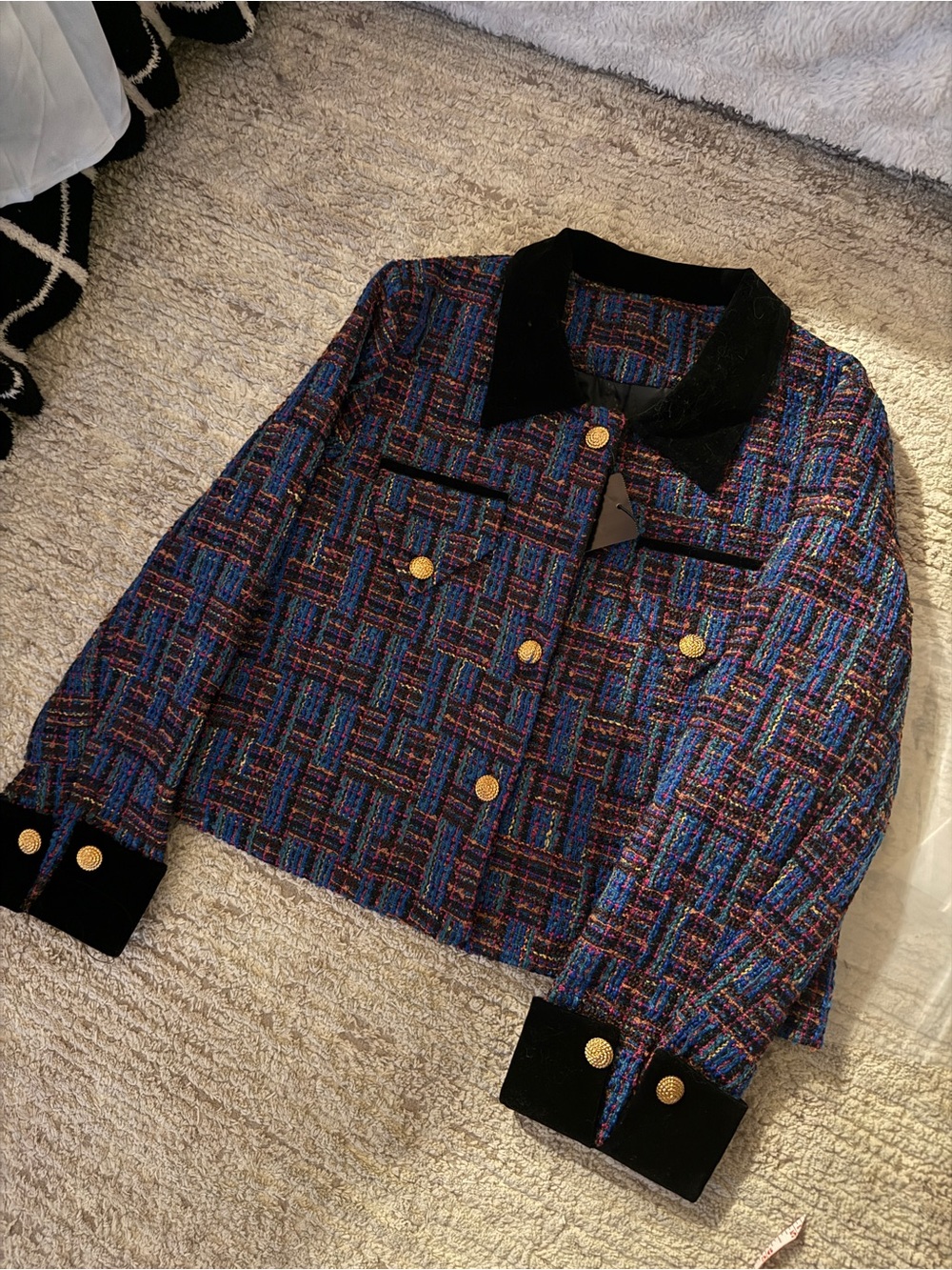 Cropped Multicolor Tweed Jacket with Black Velvet Trim